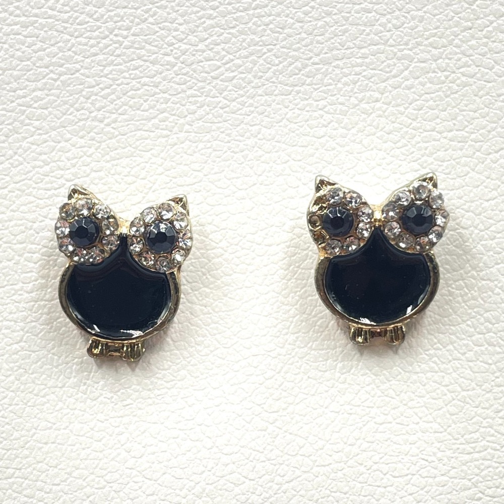 Vintage Y2K Black Enamel Owl Stud Earrings Gold Tone Rhinestone Eyes Classic